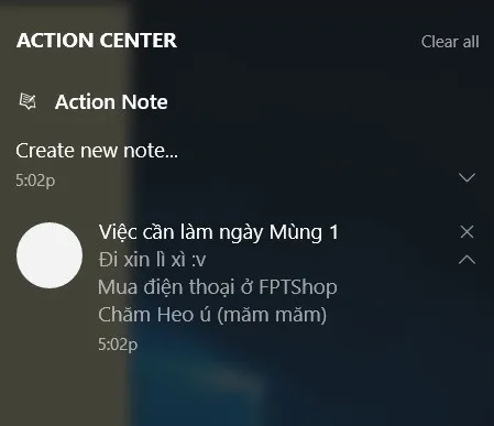 Hướng dẫn tạo ghi chú trên Action Center cho Windows 10