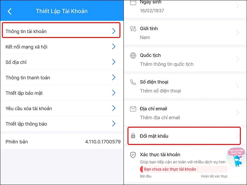 Hướng dẫn thay đổi mật khẩu Tiki trên điện thoại cực dễ