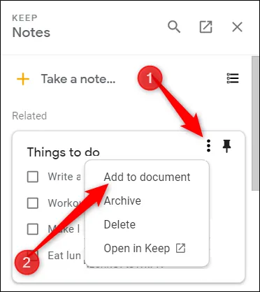 Hướng dẫn thêm ghi chú trên Google Keep vào Google Docs