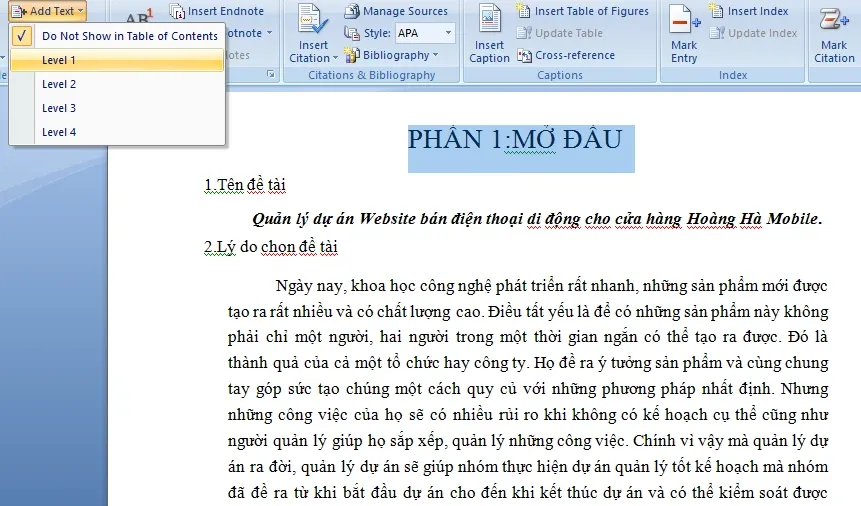 Hướng dẫn update mục lục trong word 2007 một cách tự động