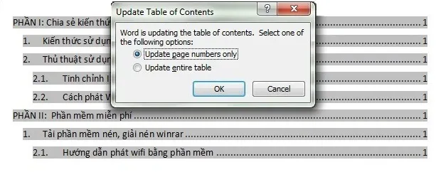 Hướng dẫn update mục lục trong word 2007 một cách tự động