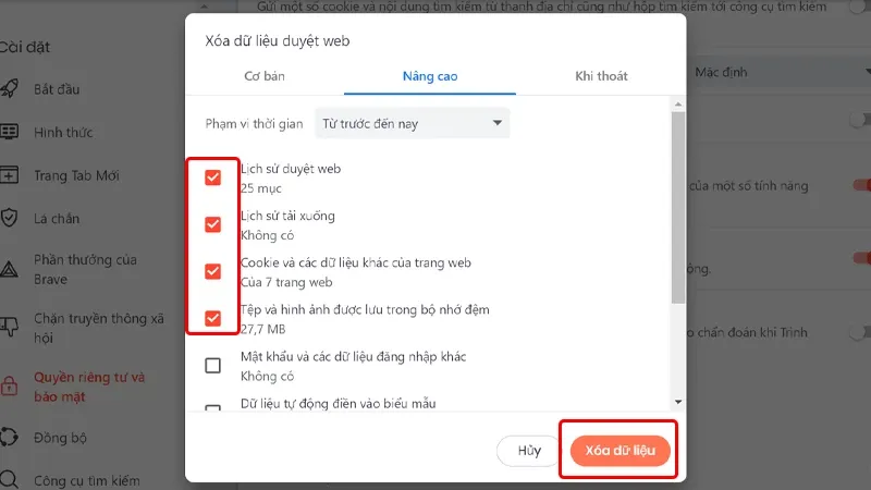 Hướng dẫn xóa toàn bộ dữ liệu duyệt web trên trình duyệt Brave