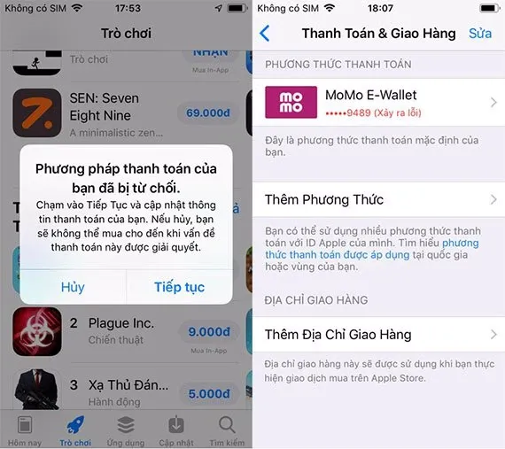 Khắc phục phương thức thanh toán MoMo bị từ chối AppStore