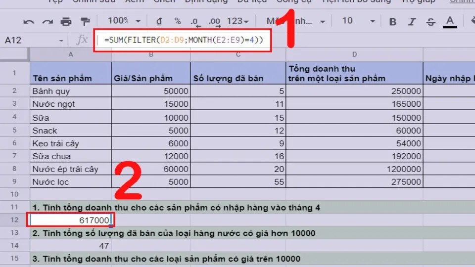 Khám phá chi tiết hai hàm kết hợp SUM và FILTER trong tiện ích Google Sheet