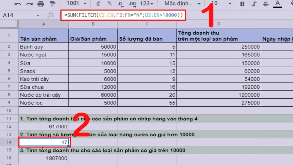 Khám phá chi tiết hai hàm kết hợp SUM và FILTER trong tiện ích Google Sheet