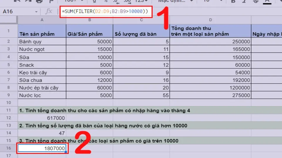 Khám phá chi tiết hai hàm kết hợp SUM và FILTER trong tiện ích Google Sheet