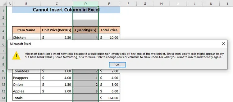 Làm gì khi Microsoft Excel không cho chèn cột?