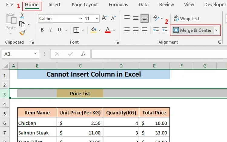 Làm gì khi Microsoft Excel không cho chèn cột?