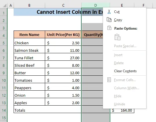 Làm gì khi Microsoft Excel không cho chèn cột?