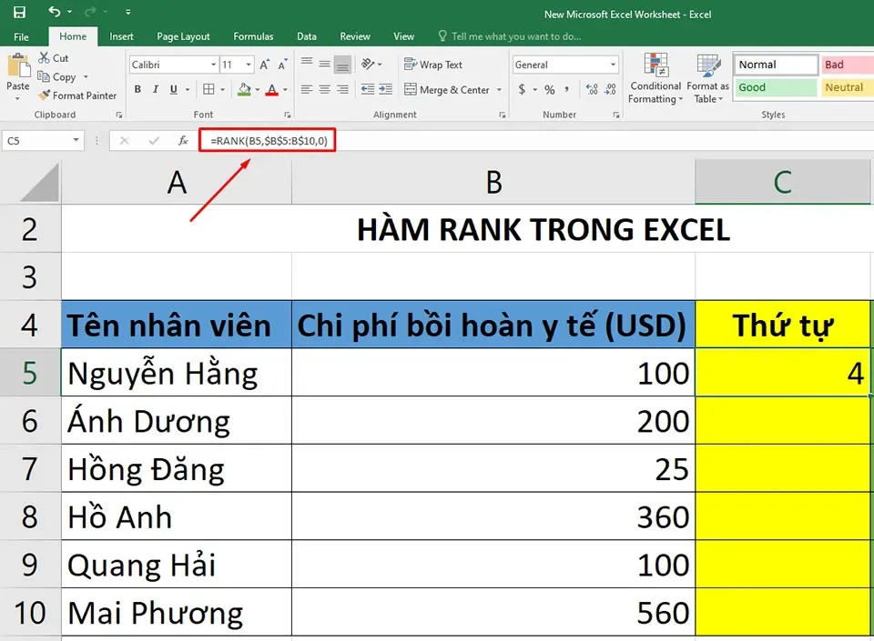 Làm thế nào để sử dụng hàm xếp hạng trong Excel?