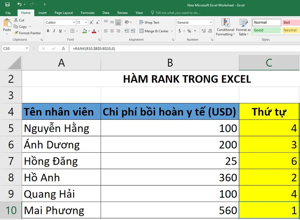 Làm thế nào để sử dụng hàm xếp hạng trong Excel?