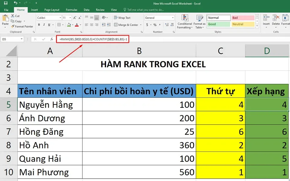 Làm thế nào để sử dụng hàm xếp hạng trong Excel?