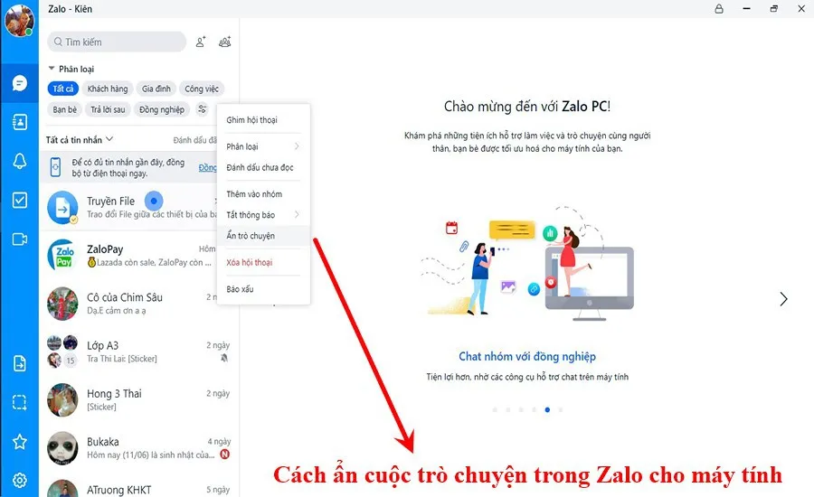 Mách bạn cách ẩn cuộc trò chuyện trong Zalo