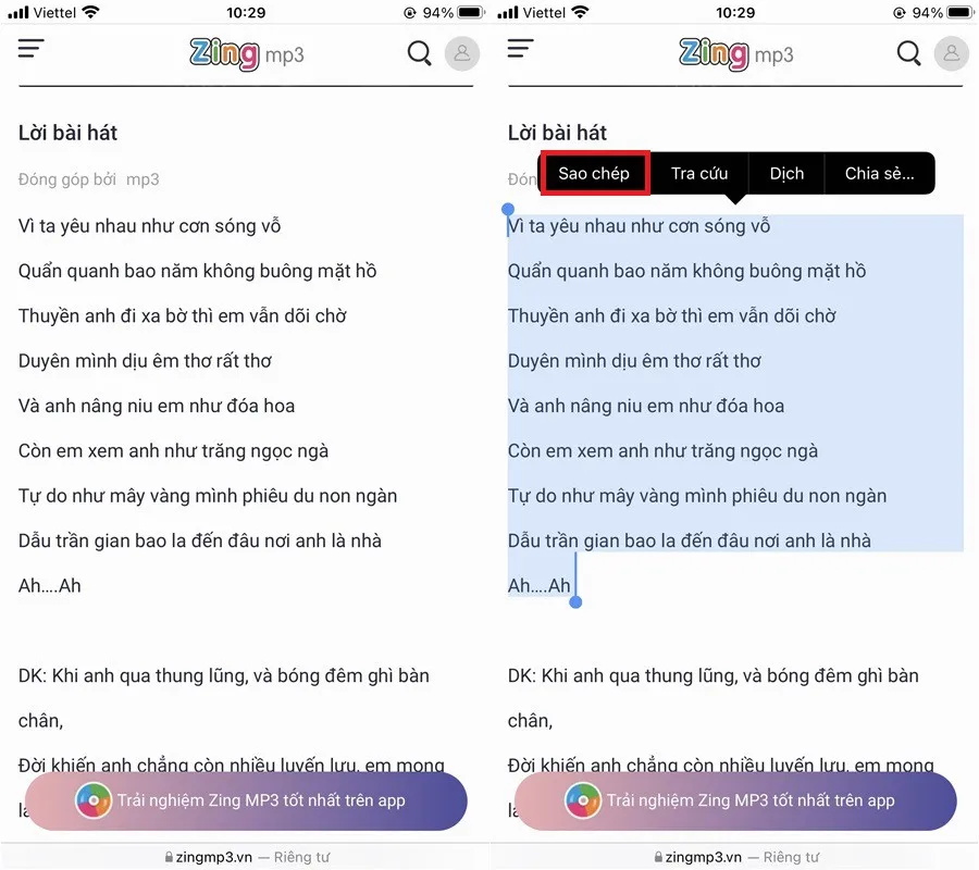 Mách bạn cách sao chép lời bài hát trên Zing Mp3, Nhaccuatui cực đơn giản
