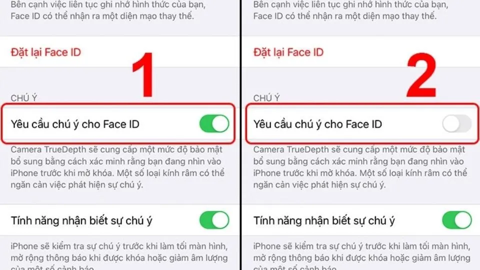 Tắt tính năng "Yêu cầu chú ý cho Face ID”