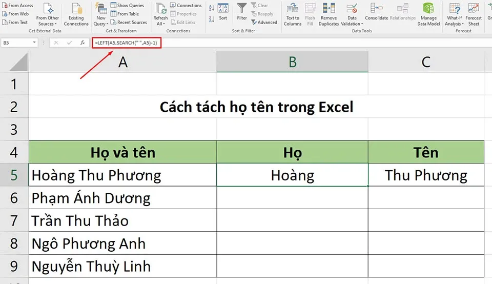 Tách họ tên trong Excel vô cùng đơn giản bằng 3 cách khác nhau