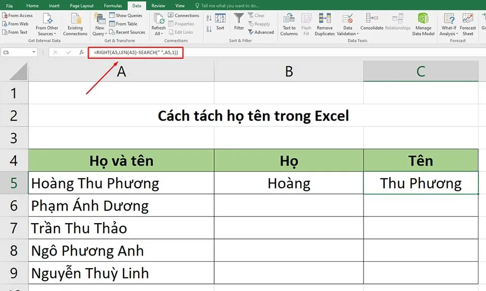 Tách họ tên trong Excel vô cùng đơn giản bằng 3 cách khác nhau