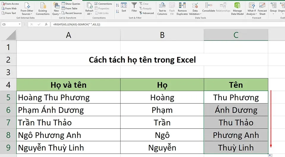 Tách họ tên trong Excel vô cùng đơn giản bằng 3 cách khác nhau