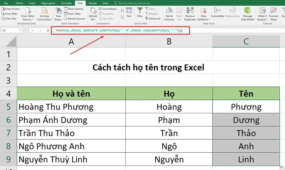 Tách họ tên trong Excel vô cùng đơn giản bằng 3 cách khác nhau