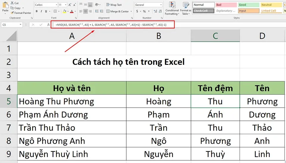 Tách họ tên trong Excel vô cùng đơn giản bằng 3 cách khác nhau