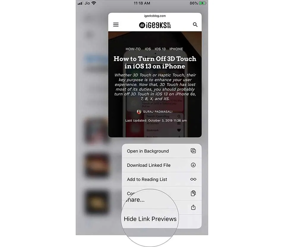 Tắt tính năng Link Preview trong Safari trên iOS 13