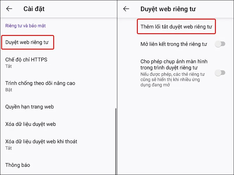 Thêm lối tắt duyệt web riêng tư FireFox ra màn hình chính điện thoại