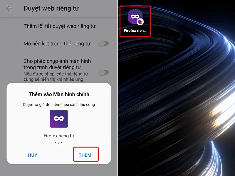 Thêm lối tắt duyệt web riêng tư FireFox ra màn hình chính điện thoại
