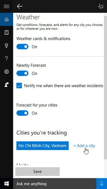 Thủ thuật biến Cortana thành trợ lý dự báo thời tiết ở các nơi bạn quan tâm