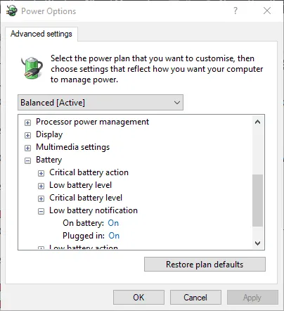 Tổng hợp các cách bật thông báo pin yếu cho laptop trên Windows 10