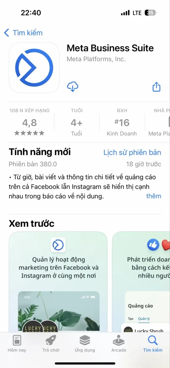 Sau đó chọn đúng ứng dụng được phát hành bởi Meta Platforms, Inc và nhấn vào nút "Install".