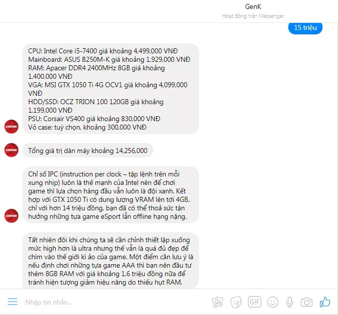 Tư vấn cấu hình máy tính tự động thông qua chatbot trên Facebook