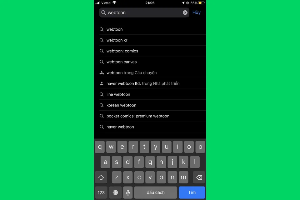 Nhấn vào mục Tìm kiếm và nhập từ khóa "Webtoon" vào thanh tìm kiếm